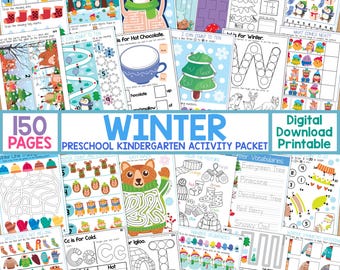 Winter Preschool Kindergarten Activity Packet, Kid Activity, Homeschool Printable, Preschool Kindergarten Winter Worksheet, Winter Workbook