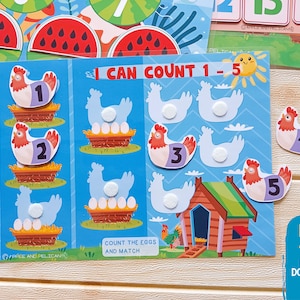 May include: A colorful printable worksheet for kids to learn counting. The worksheet features a chicken coop, chickens, and eggs. The text on the worksheet says "I Can Count 1-5" and "Count the Eggs and Match".