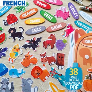 Puede incluir: Un conjunto de 38 p&aacute;ginas imprimibles con ilustraciones coloridas de animales y objetos, con palabras francesas para los colores escritas en la parte superior de cada p&aacute;gina. El texto "38 P&aacute;ginas Descarga Digital PDF" es visible en la esquina inferior derecha de la imagen.