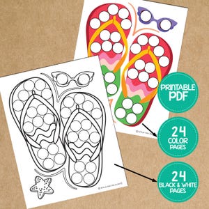 May include: A printable set of 24 black and white and 24 colour pages featuring a pair of flip flops with circles for dot painting. The pages also include a pair of sunglasses and a starfish.