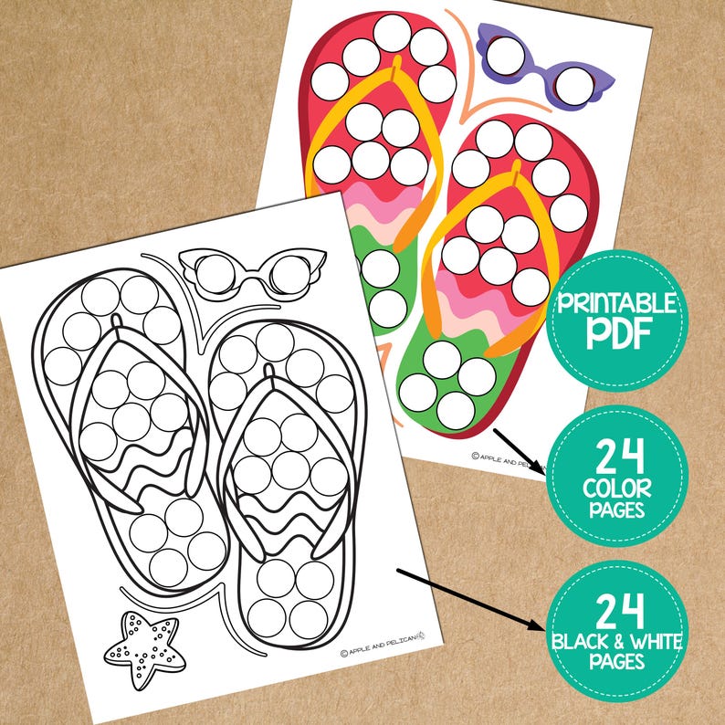 May include: A printable set of 24 black and white and 24 colour pages featuring a pair of flip flops with circles for dot painting. The pages also include a pair of sunglasses and a starfish.