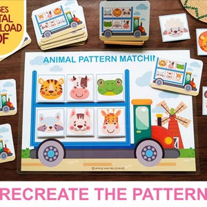 Atividade de correspondência de padrões de animais, quebra-cabeça de padrões para impressão, jogo de correspondência de animais, fichário de aprendizagem para crianças pequenas, atividade pré-escolar Montessori