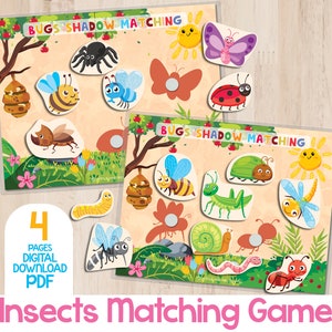 Insects Shadow Matching Activity, Bugs Matching Game, Shadow Matching Activity, Toddler Busy Book Page, Preschool Learning Binder Activities