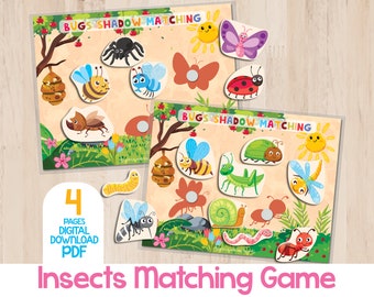 Insects Bugs Shadow Matching Activity, Toddler Busy Book Page, Montessori Preschool Learning Binder Activities