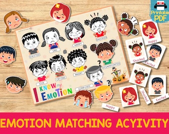 Kids Emotions Matching Activity, Toddler Emotions Worksheet, Feeling File Folder Game Printable Homeschool Busy Book Page, Emotion Flashcard