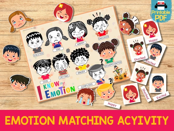 Kids Emotions Matching Activity, Toddler Emotions Worksheet, Feeling File Folder Game Printable Homeschool Busy Book Page, Emotion Flashcard