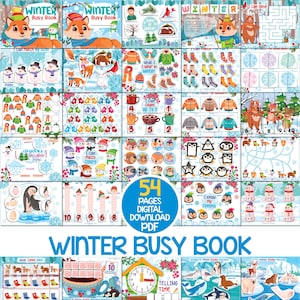 Könnte beinhalten: Ein farbenfrohes "Winter Busy Book" mit verschiedenen Lernaktivitäten für Kinder. Das Buch zeigt Illustrationen von Tieren, Winterkleidung und Labyrinthen. Das Cover zeigt einen Fuchs mit Wintermütze. Das Buch enthält den Text "54 PAGES DIGITAL DOWNLOAD PDF".