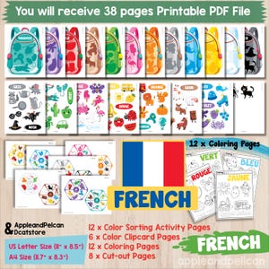 Puede incluir: Un archivo PDF imprimible con 38 p&aacute;ginas de actividades de aprendizaje del franc&eacute;s para ni&ntilde;os. El archivo incluye 12 p&aacute;ginas para colorear, 12 p&aacute;ginas de actividades de clasificaci&oacute;n de colores, 6 p&aacute;ginas de tarjetas de im&aacute;genes en color, 8 p&aacute;ginas para recortar y 6 p&aacute;ginas de actividades de coincidencia de colores. El archivo est&aacute; disponible en tama&ntilde;os US Letter y A4.