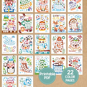 May include: A collection of 22 printable color pages featuring winter-themed illustrations. Each page has a dot-to-dot design with images of animals, winter clothing, and seasonal objects. The pages include the text "Printable PDF" and "22 COLOR PAGES".