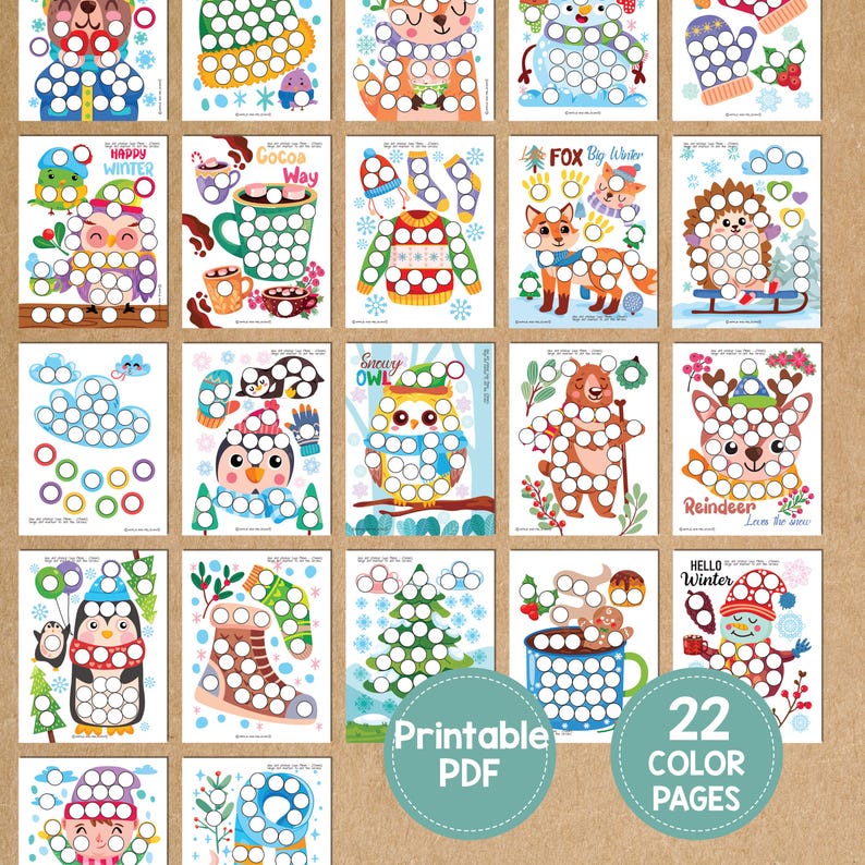 May include: A collection of 22 printable color pages featuring winter-themed illustrations. Each page has a dot-to-dot design with images of animals, winter clothing, and seasonal objects. The pages include the text "Printable PDF" and "22 COLOR PAGES".