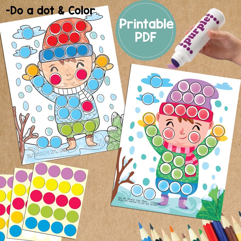 May include: Two printable PDF activity sheets featuring a winter-themed dot-to-dot and coloring activity. The illustrations depict a cartoon child in winter attire. A purple dot marker is held in the background. The text "-Do a dot & Color" and "Printable PDF" are visible.