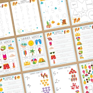 Pode incluir: Um conjunto de folhas de trabalho imprim&iacute;veis para crian&ccedil;as com atividades de tem&aacute;tica de ver&atilde;o. As folhas de trabalho incluem tra&ccedil;ar letras, tra&ccedil;ar palavras, contar e um jogo de 'Adivinhe o que eu vejo'. As folhas de trabalho s&atilde;o decoradas com ilustra&ccedil;&otilde;es coloridas de itens de ver&atilde;o como chinelos, sorvetes e bolas de praia.