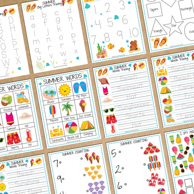 Pode incluir: Um conjunto de folhas de trabalho imprim&iacute;veis para crian&ccedil;as com atividades de tem&aacute;tica de ver&atilde;o. As folhas de trabalho incluem tra&ccedil;ar letras, tra&ccedil;ar palavras, contar e um jogo de 'Adivinhe o que eu vejo'. As folhas de trabalho s&atilde;o decoradas com ilustra&ccedil;&otilde;es coloridas de itens de ver&atilde;o como chinelos, sorvetes e bolas de praia.