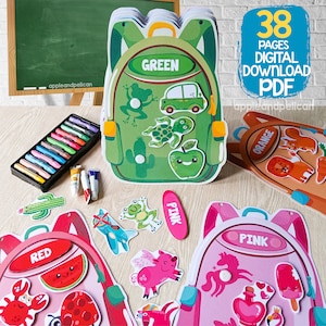 May include: A set of 38 printable pages featuring colorful backpacks with different colored objects. The backpacks are green, pink, and red. The objects include a car, turtle, apple, cactus, frog, airplane, pig, unicorn, watermelon, crab, ladybug, and a bottle of potion. The text on the pages says "GREEN", "PINK", "RED", and "ORANGE".
