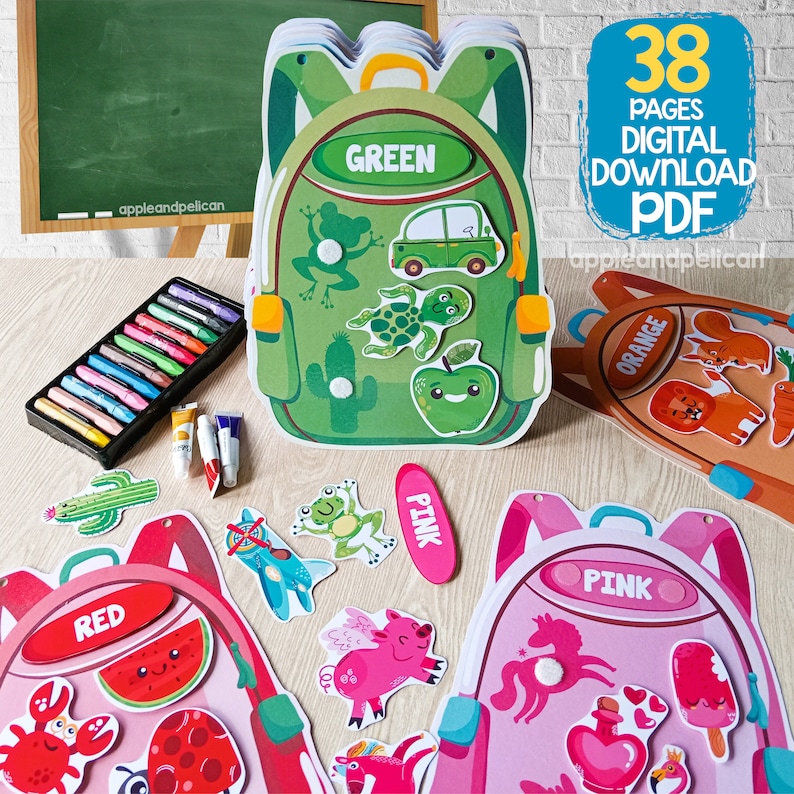 May include: A set of 38 printable pages featuring colorful backpacks with different colored objects. The backpacks are green, pink, and red. The objects include a car, turtle, apple, cactus, frog, airplane, pig, unicorn, watermelon, crab, ladybug, and a bottle of potion. The text on the pages says "GREEN", "PINK", "RED", and "ORANGE".