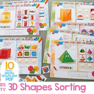 3D-Formen-Sortieraktivitäten, Formen-Matching-Spiel, druckbares Formen-Lernbuch für Kleinkinder, Vorschul-Mathe-Sortierung nach Form