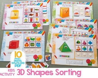 Formas 3D Actividades de clasificación Juego de combinación de formas, Libro ocupado para niños pequeños Carpeta de aprendizaje de formas imprimibles, Matemáticas preescolares Ordenar por forma