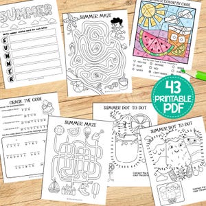 May include: A set of 43 printable summer-themed activity sheets for kids. The sheets include mazes, dot-to-dot puzzles, color by code, and a word puzzle. The sheets are black and white and feature illustrations of summer-themed items like ice cream, watermelon, and lemonade.