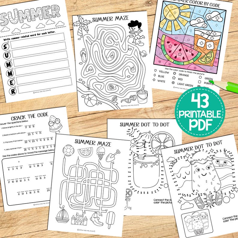 May include: A set of 43 printable summer-themed activity sheets for kids. The sheets include mazes, dot-to-dot puzzles, color by code, and a word puzzle. The sheets are black and white and feature illustrations of summer-themed items like ice cream, watermelon, and lemonade.