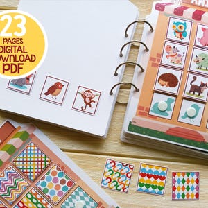 K&ouml;nnte beinhalten: Ein farbenfrohes, interaktives Lernbuch f&uuml;r Kinder mit 23 Seiten voller Tier-Zuordnungsaktivit&auml;ten. Das Buch hat einen leuchtend gelben Einband mit dem Text "23 Seiten Digitaler Download PDF". Das Buch ist ge&ouml;ffnet und zeigt eine Seite mit verschiedenen Tierillustrationen und Zuordnungsaktivit&auml;ten.