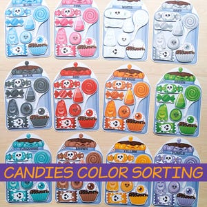 May include: A colorful educational game featuring candies sorted by color. Each jar is labeled with a color and contains various candies, including lollipops, candies, and cupcakes. The text "CANDIES COLOR SORTING" is displayed at the bottom.
