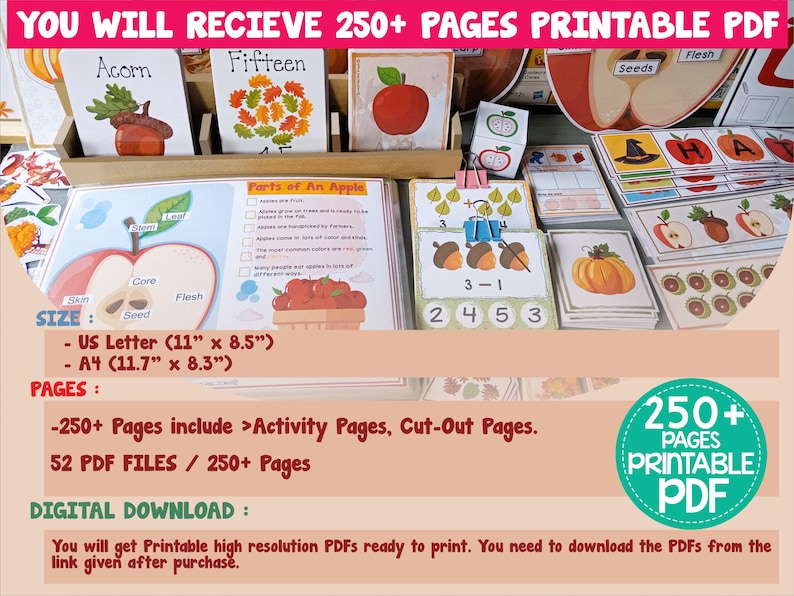 May include: A digital download of 250+ printable pages for preschoolers featuring an apple theme. The pages include activities, cut-outs, and educational content. The file size is 52 PDF files. The pages are available in US Letter (11" x 8.5") and A4 (11.7" x 8.3") sizes.