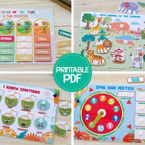 May include: Educational printable PDF with four learning activities. Includes a seasons and months chart, a wild animal matching game, an emotions chart, and a spin-and-match numbers game. Each game has colorful illustrations and interactive elements.