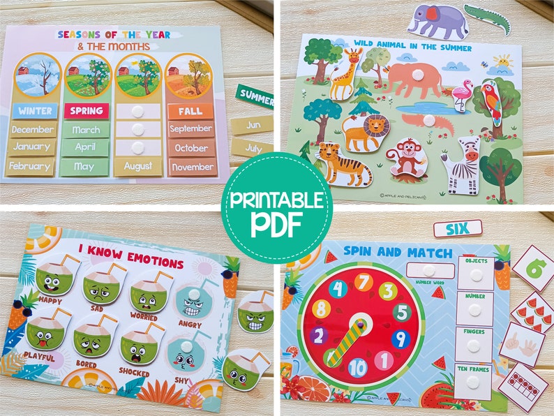 May include: Educational printable PDF with four learning activities. Includes a seasons and months chart, a wild animal matching game, an emotions chart, and a spin-and-match numbers game. Each game has colorful illustrations and interactive elements.