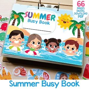 Könnte beinhalten: Ein "Summer Busy Book" mit einem Cover, das Cartoon-Kinder beim Schwimmen in einem Pool zeigt. Das Buch hat 66 digitale Seiten und enthält farbenfrohe Illustrationen zum Thema Sommer und interaktive Elemente. Zusätzliche sommerliche Ausschnitte sind verstreut.