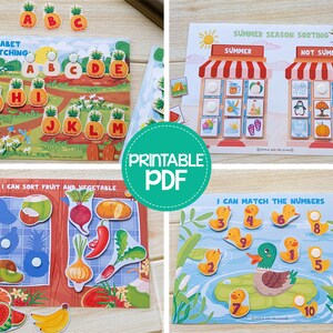 May include: Educational printable PDF activity set featuring four different learning games. Includes an alphabet matching game, a summer season sorting game, a fruit and vegetable sorting game, and a number matching game.