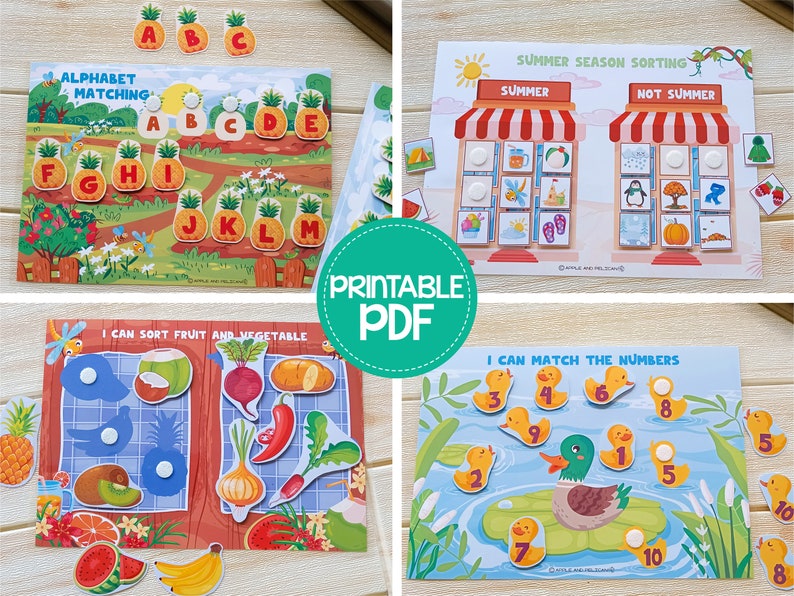 May include: Educational printable PDF activity set featuring four different learning games. Includes an alphabet matching game, a summer season sorting game, a fruit and vegetable sorting game, and a number matching game.