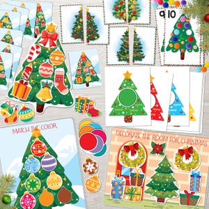 Puede incluir: Un conjunto de tarjetas educativas y decoraciones con temática navideña. El conjunto incluye varios diseños de árboles de Navidad, adornos, cajas de regalo y actividades de emparejamiento. La paleta de colores presenta verde, rojo, dorado y azul.