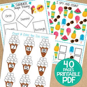 Pode incluir: Um PDF imprim&iacute;vel com 40 p&aacute;ginas de atividades de ver&atilde;o para crian&ccedil;as. As p&aacute;ginas incluem o tra&ccedil;ado de formas, a contagem e a colora&ccedil;&atilde;o de cones de sorvete e um jogo de "Eu vejo, eu vejo".