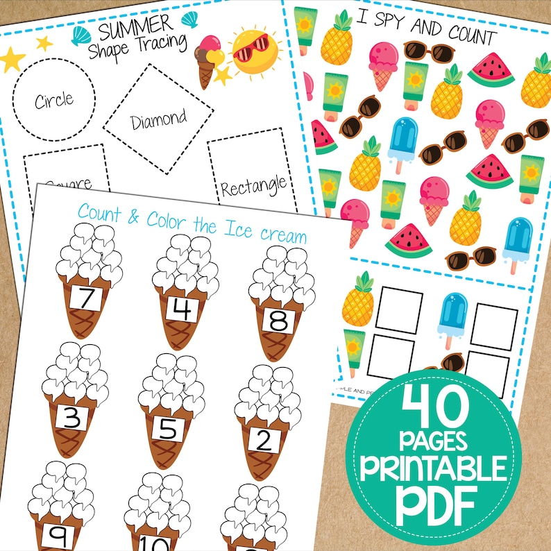 Pode incluir: Um PDF imprim&iacute;vel com 40 p&aacute;ginas de atividades de ver&atilde;o para crian&ccedil;as. As p&aacute;ginas incluem o tra&ccedil;ado de formas, a contagem e a colora&ccedil;&atilde;o de cones de sorvete e um jogo de "Eu vejo, eu vejo".