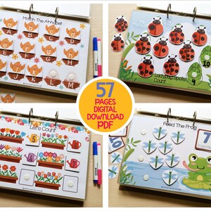 May include: A set of four educational activity books for children. The books feature colorful illustrations and interactive elements for learning the alphabet, counting, and matching. The image includes the text "57 PAGES DIGITAL DOWNLOAD PDF".
