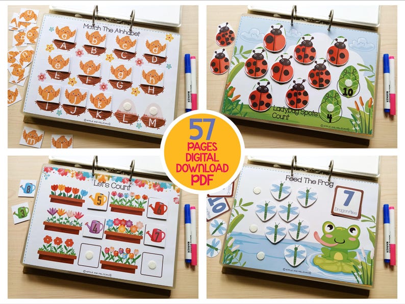 May include: A set of four educational activity books for children. The books feature colorful illustrations and interactive elements for learning the alphabet, counting, and matching. The image includes the text "57 PAGES DIGITAL DOWNLOAD PDF".