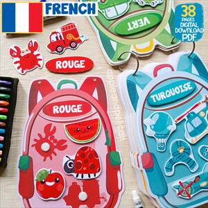 Puede incluir: Un conjunto de 38 p&aacute;ginas imprimibles para ense&ntilde;ar los colores en franc&eacute;s. Las p&aacute;ginas presentan una mochila con varios objetos de diferentes colores, incluyendo rojo, verde y turquesa. Las p&aacute;ginas est&aacute;n dise&ntilde;adas para que los ni&ntilde;os aprendan y practiquen su vocabulario de colores en franc&eacute;s.