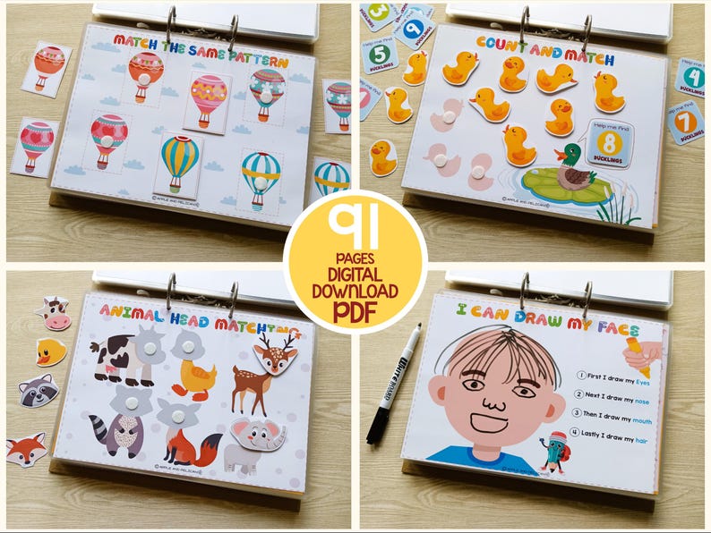 May include: A set of 91 printable activity pages for kids. The pages feature colorful illustrations of hot air balloons, ducks, animals, and a face. The text on the pages includes "Match the Same Pattern", "Count and Match", "Animal Head Matching", and "I Can Draw My Face".