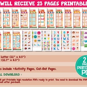 K&ouml;nnte beinhalten: Ein digitaler Download von 23 druckbaren PDF-Seiten f&uuml;r Kinder. Die Seiten beinhalten Aktivit&auml;ten und Ausschneideb&ouml;gen. Die Seiten sind f&uuml;r die Papierformate US Letter (11" x 8.5") oder A4 (11.7" x 8.3") ausgelegt. Die Seiten zeigen farbenfrohe Illustrationen von Fr&uuml;chten, Tischen, Emotionen, K&ouml;rperteilen, Mustern, Farben, Formen, Zahlen, Buchstaben, Tieren, Insekten und vielem mehr.