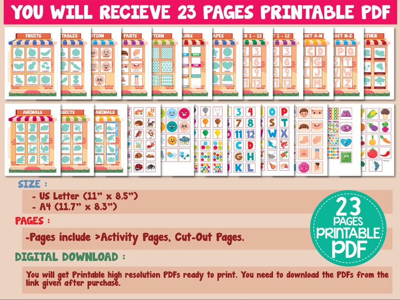 K&ouml;nnte beinhalten: Ein digitaler Download von 23 druckbaren PDF-Seiten f&uuml;r Kinder. Die Seiten beinhalten Aktivit&auml;ten und Ausschneideb&ouml;gen. Die Seiten sind f&uuml;r die Papierformate US Letter (11" x 8.5") oder A4 (11.7" x 8.3") ausgelegt. Die Seiten zeigen farbenfrohe Illustrationen von Fr&uuml;chten, Tischen, Emotionen, K&ouml;rperteilen, Mustern, Farben, Formen, Zahlen, Buchstaben, Tieren, Insekten und vielem mehr.