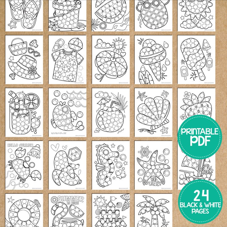 May include: A set of 24 black and white printable summer-themed dot-to-dot activity pages.  The pages feature various summer icons such as a beach umbrella, ice cream cone, seashells, and a palm tree.