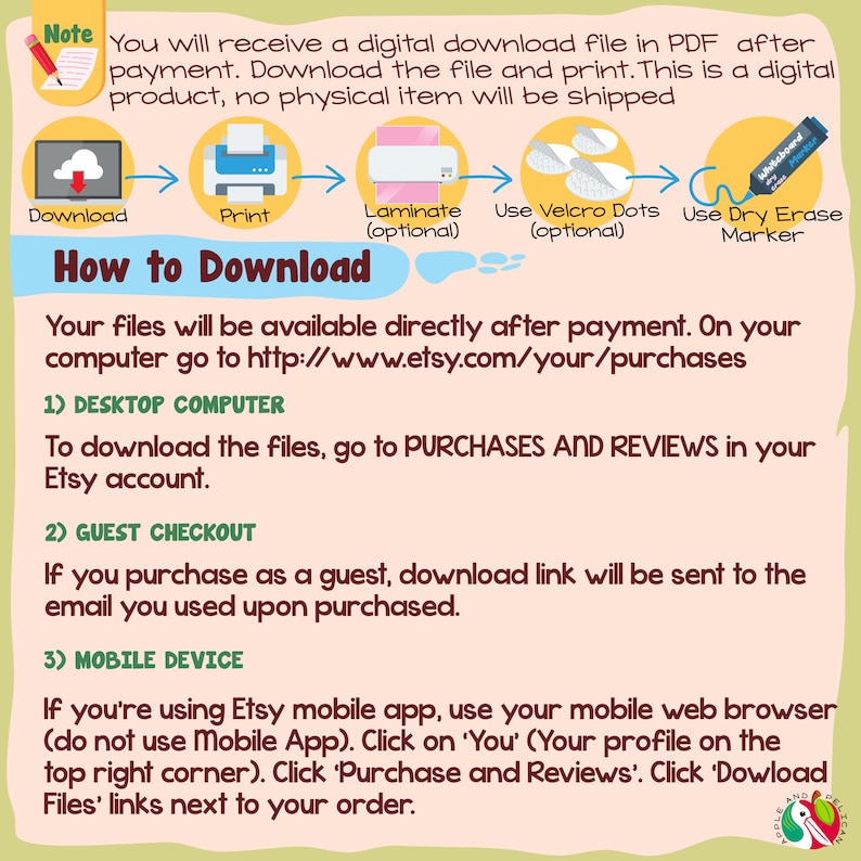 May include: A colorful infographic with instructions on how to download digital files purchased on Etsy. The infographic includes icons for downloading, printing, laminating, using Velcro dots, and using a dry erase marker. The text includes the phrase "How to Download" and instructions for downloading files on a desktop computer, as a guest, and on a mobile device.