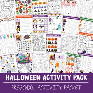May include: A collection of Halloween-themed activity pages for preschoolers. The pages include coloring, tracing, counting, and vocabulary exercises. Images include pumpkins, ghosts, witches, and cauldrons. The title "HALLOWEEN ACTIVITY PACK" is displayed.