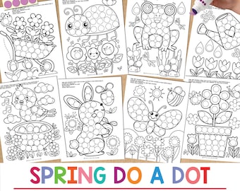Coloriage printemps faire un marqueur pour les enfants, activité Faire un point, feuille de travail marqueur point, activité artistique préscolaire autocollant point imprimable