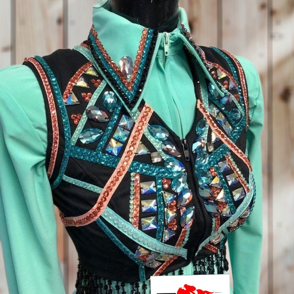 Ensemble de 3 boléros turquoise, vert rouille et noir avec chemise et coussin assortis disponibles Ensemble boléro western de spectacle avec chemise et coussin assortis