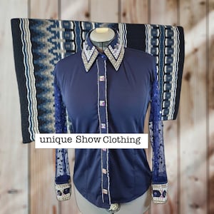 Western Dark Blue Show Shirt Set With Sheer Sleeve Pattern And Grey Show Pad Combo western show shirt and pad combo western show shirt