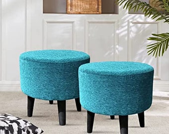 Ottoman Stool for Living Room Set of 2 Upholstered Foam Cushioned Pouf Puffy Foot Stool for Footrest with 4 Wooden Legs (14 Inch, Aqua)