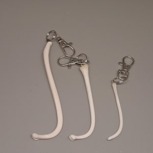 May include: Three white, curved keychains with silver-colored metal clasps. The keychains are arranged on a gray surface. The white portion of the keychains have a bone-like appearance.