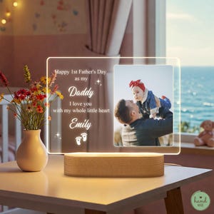 Custom Father&#39;s Day Night Light – Baby Name Photo LED Light – Unique Gift Idea for New Dad, First Birthday Dad Gift