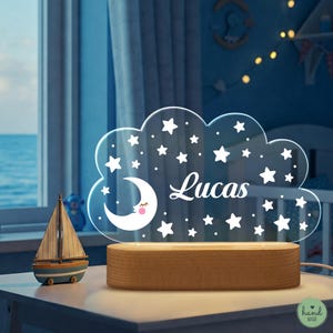 Personalized Night Light: Cloud & Moon Nursery Decor, Custom LED Lamp